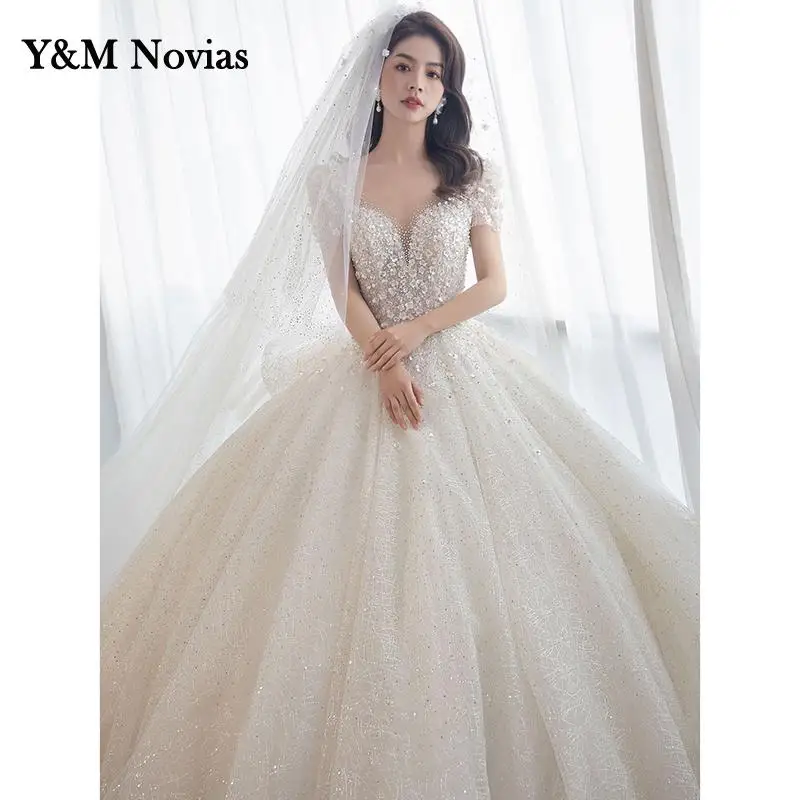 Real Video Vestido de Noiva 2025 New Sparkly Sequined Wedding Dress Short Sleeve Bohemian Elegant Bridal Gown Princess Plus Size