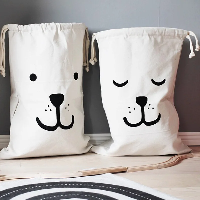 

Animal Laundry Bag Linen Cotton Stripe Pattern Cute Basket Home Toy Storage Bag Drawstring Dirty Clothes Bag Organizer Bag