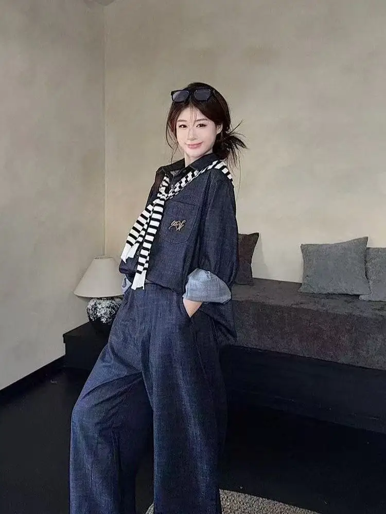 

Retro Striped Shoulder Wrap Coat High Waist Long Sleeve Denim Set Korean Style Fashion Three-Piece Women's Winter Casual Wear