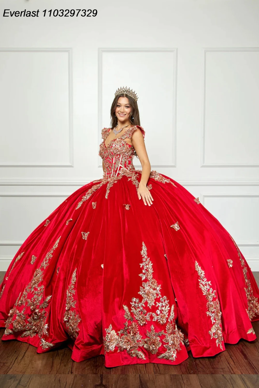 EVLAST-vestido De quinceañera rojo con purpurina, traje De baile De mariposa dorada, apliques De cuentas, dulce mexicano 16, 15 años, TQD640