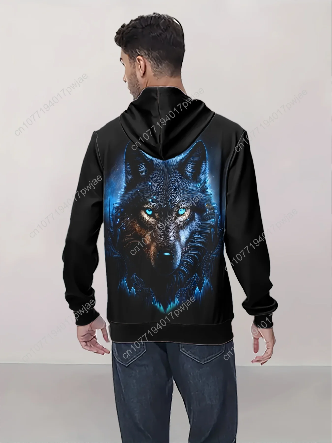 Мужская толстовка с 3D принтом волка, повседневная трикотажная ткань из полиэстера с длинными рукавами, топ с капюшоном стандартного кроя на весну/осень, легкая стрейч, 20