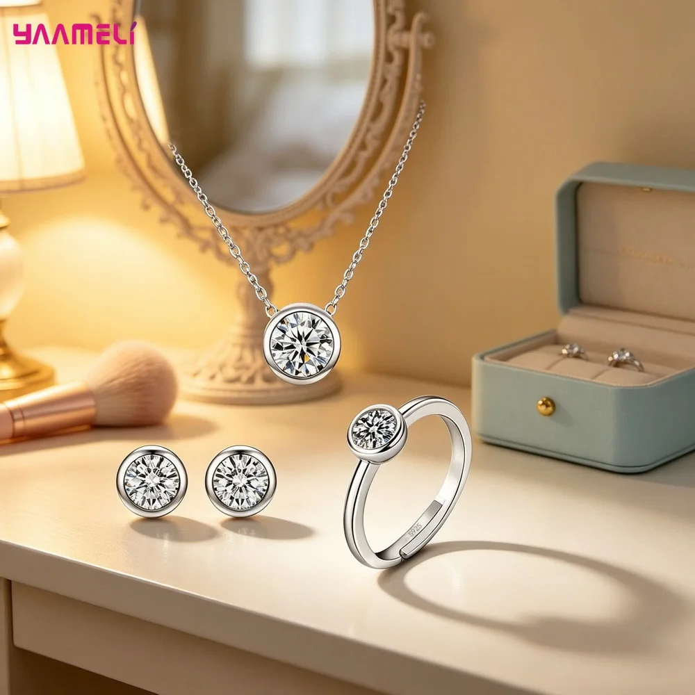 100% Reines S925 Silber Runde Kubische Zirkonia Anhänger Halskette Ohrringe Ring Schmucksets für Damen Hochzeit Verlobung – Detail 5