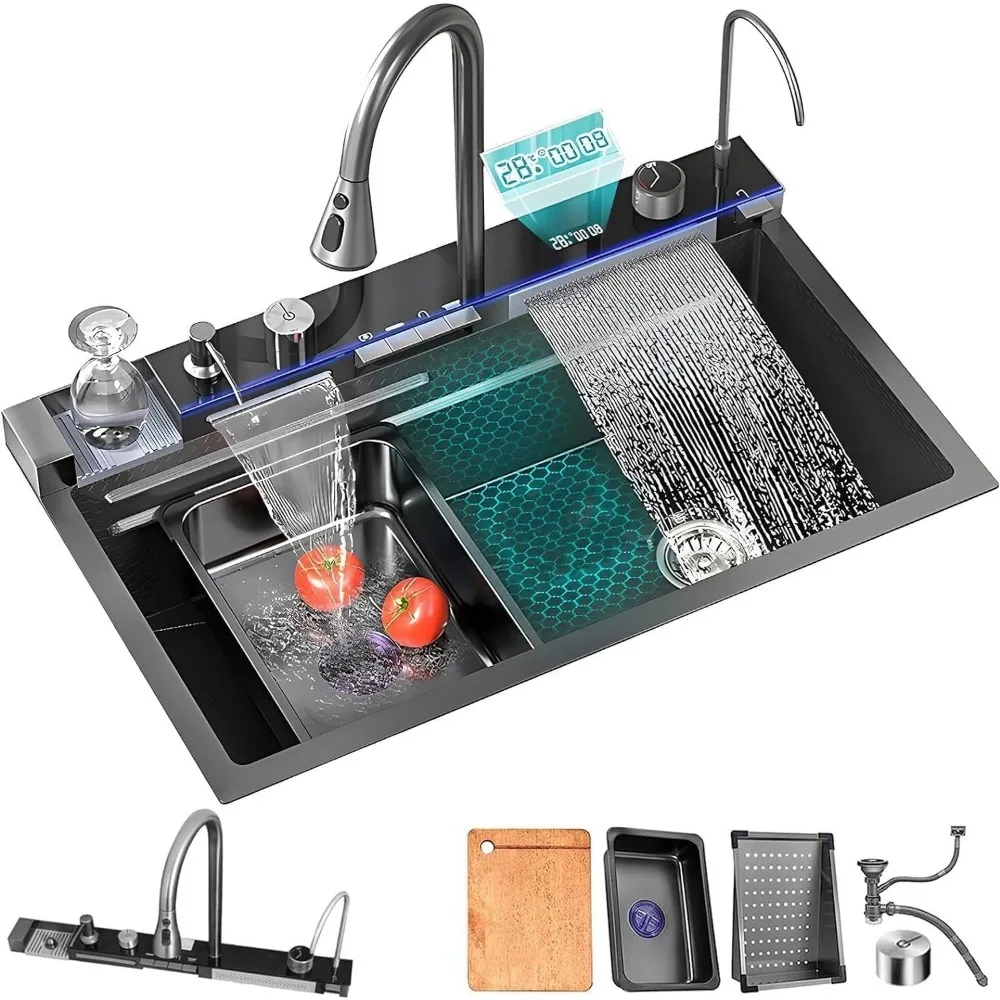 

Black Household Kitchen Single Bowl Sink Flying Rain Waterfall Sink,Integrated Sink Workstation Kitchen Sink with Pull-Out Tap