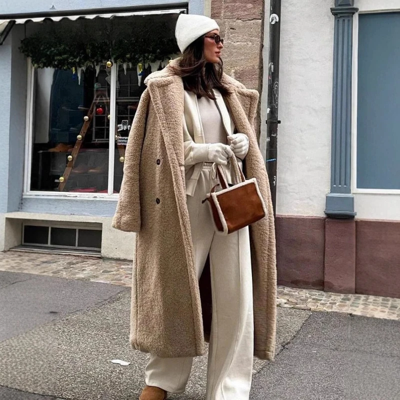 Gekerfde kraag namaakbontjas dubbele rij knopen zwarte lange harige jassen pluizig warm dik imitatie lamspluche jas luxe elegant 2025