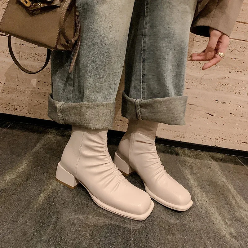 

Women Fake Leather Ankle Boots Autumn Winter Mid Block Heels Black Beige Khaki Splicing Square Toe Back Zipper Ankle Boot h79-4