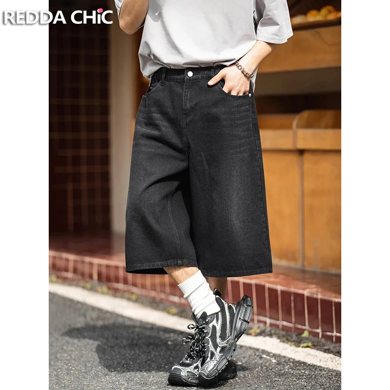 

ReddaChic Men's Whiskers Denim Bermuda Pants Trendy Loose Low Waist Straight Wide Leg Jorts Jean Shorts Summer Retro Streetwear