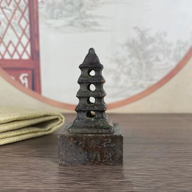 Brass carved small tower ornament, seal, vintage item, old copperware, authentic collectible, decorative piece