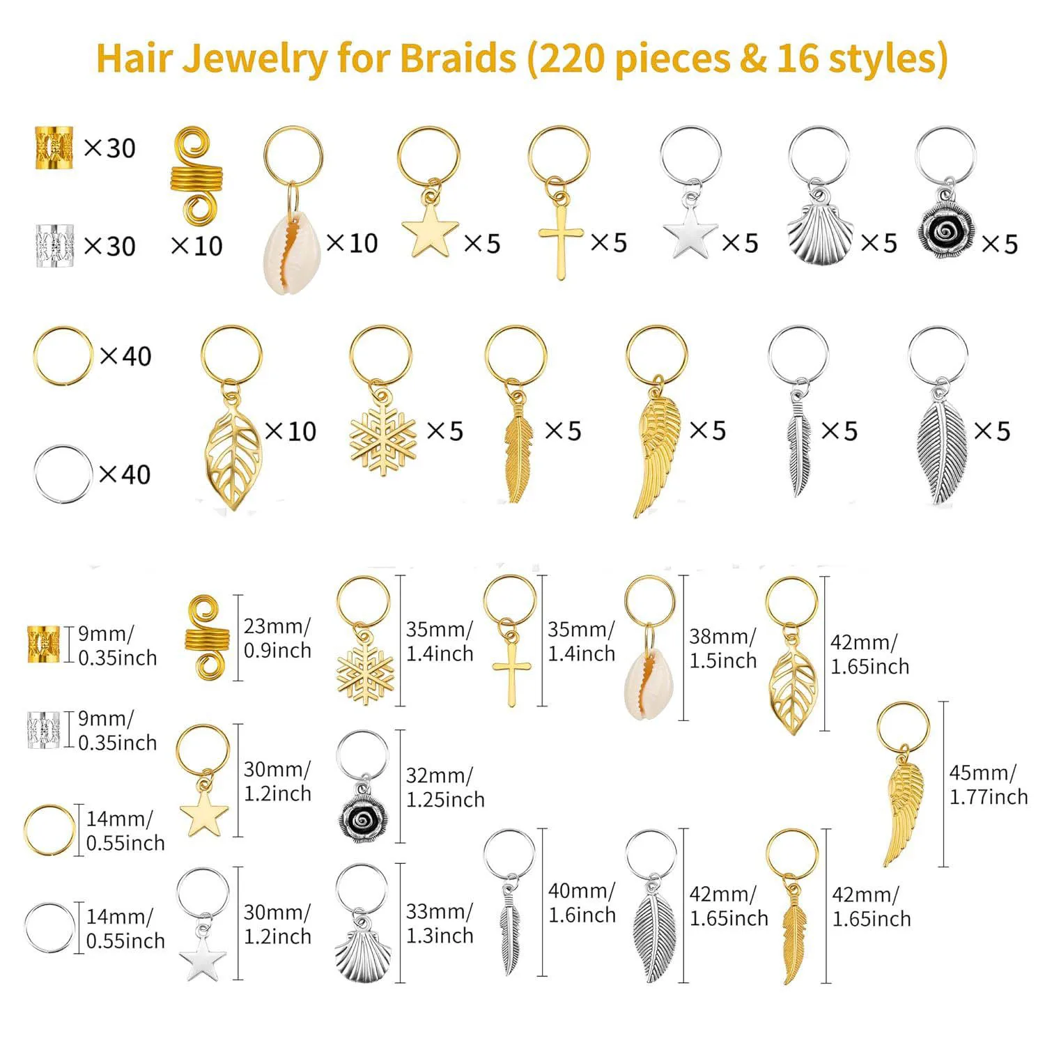 220pcs 15 Style Mix different Metal Leaves Ring Hair Braid Dreadlocks Beads Clips Hair Decoration Accessories with Storage Box