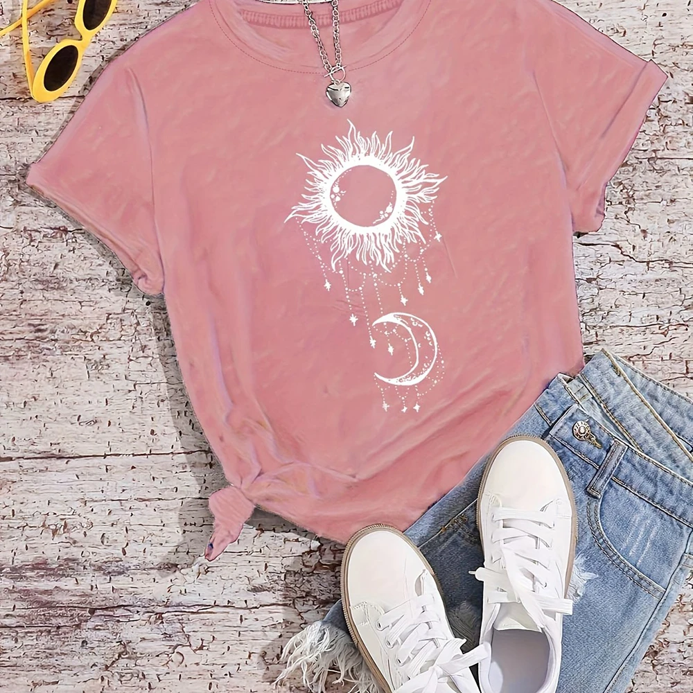 

Fashion Designer Print Sun And Moon Pattern Women's Loose T-shirts Summer Casual Short Sleeves Tees Tops Women Clothing Pullover