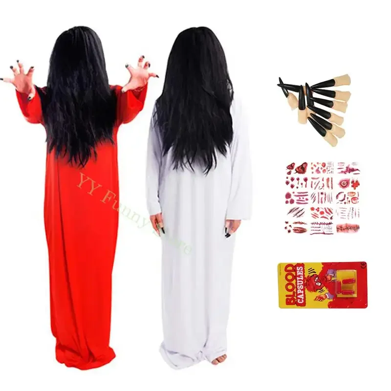 Ghost Sadako Ghost Bride Costume Cosplay Wig Haunted House Halloween Party Dress Clothes Women Girls Horror Costume