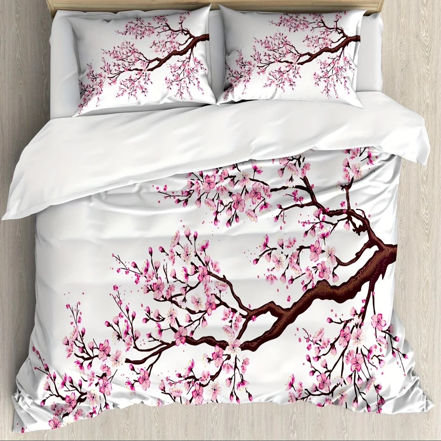 3-Piece Japanese-Inspired Duvet Cover Set - Vibrant Sakura Tree Flowers Spring Theme Art, Soft Decorative Bedding with 2 Matchin