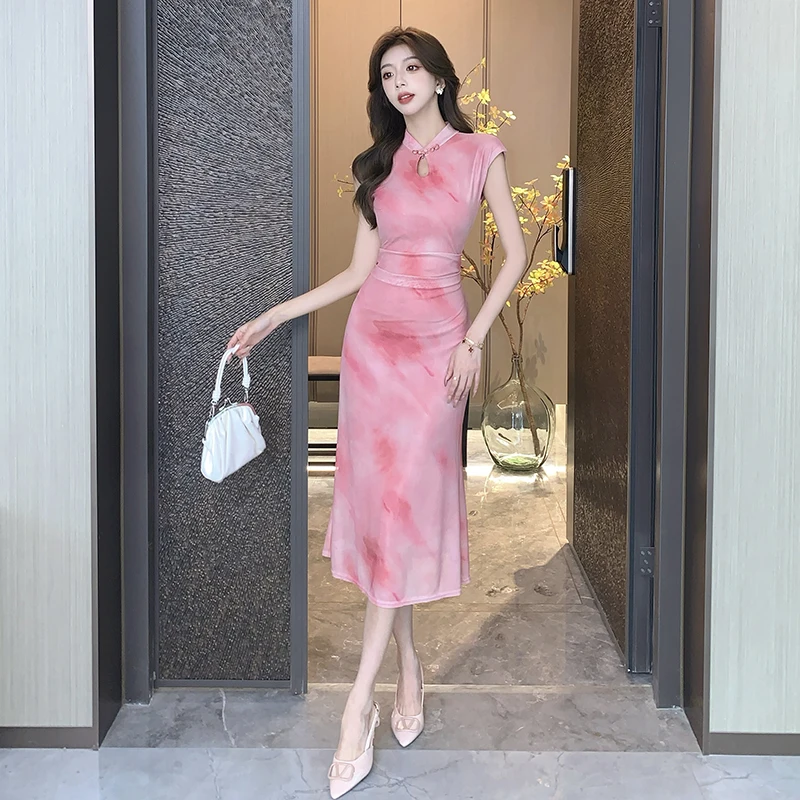 Nouvelle tendance nationale chinoise Sle bouton creux amélioré Midi Dr femmes rétro creux petit col montant taille vers l'intérieur Cheon...