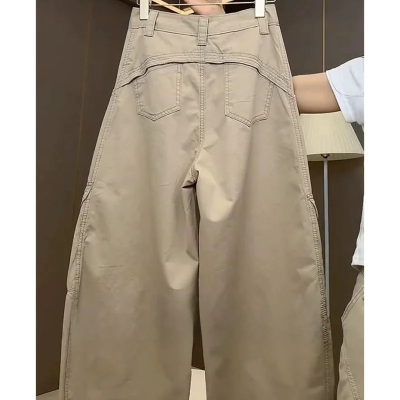

Корейские модные свободные широкие брюки-карго цвета хаки, женские осенние новые женские брюки с высокой талией, плиссированные брюки с карманами