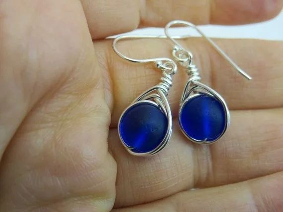 dark blue seaglass earrings sterling silver herringbone wire wrapped cultured sea glass beads argentium silver