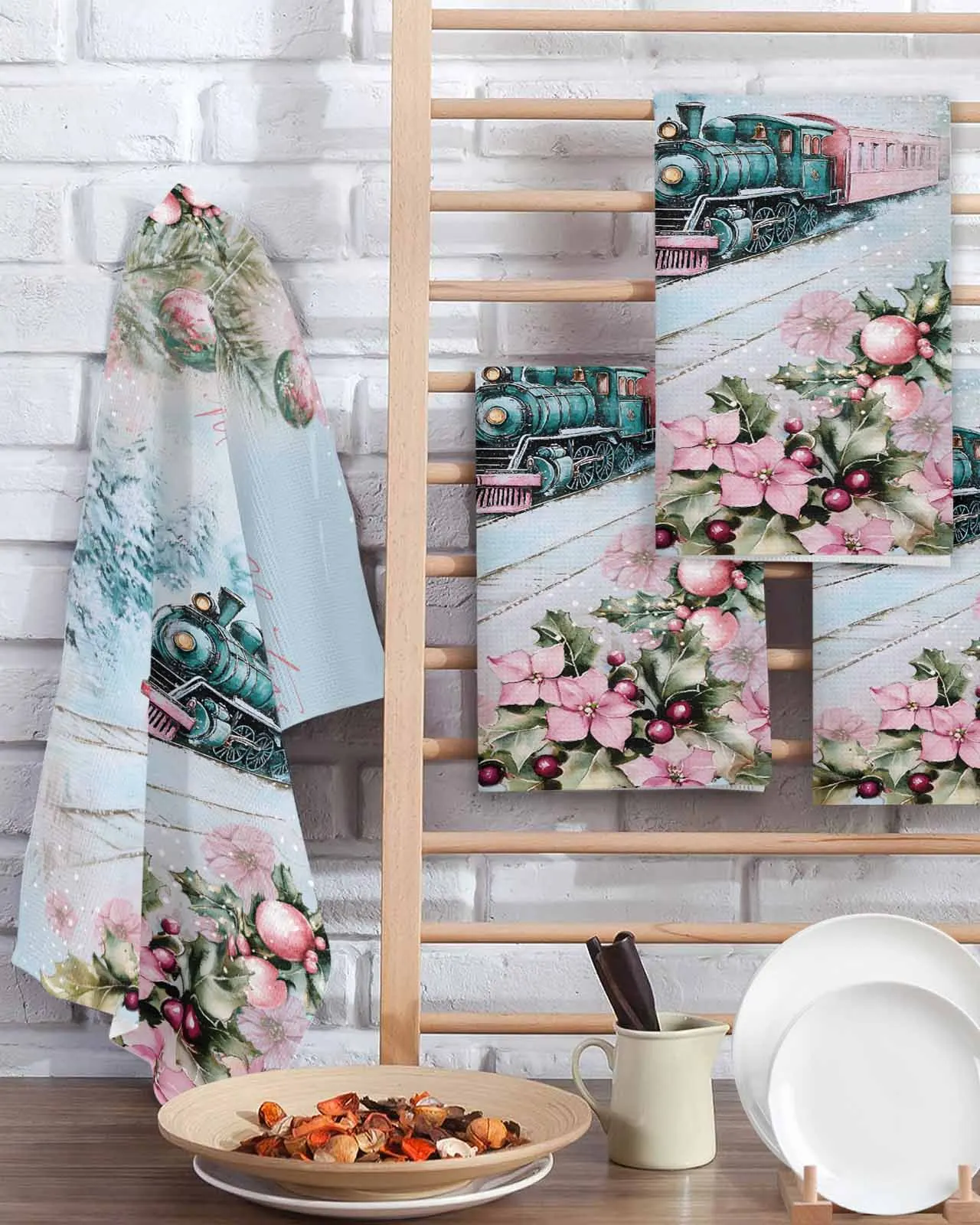 

Christmas Watercolor Forest Plants Flowers Berries 30*30cm Waffle Microfiber Kitchen Towel Cleaning Cloth Scouring Wiping Rag