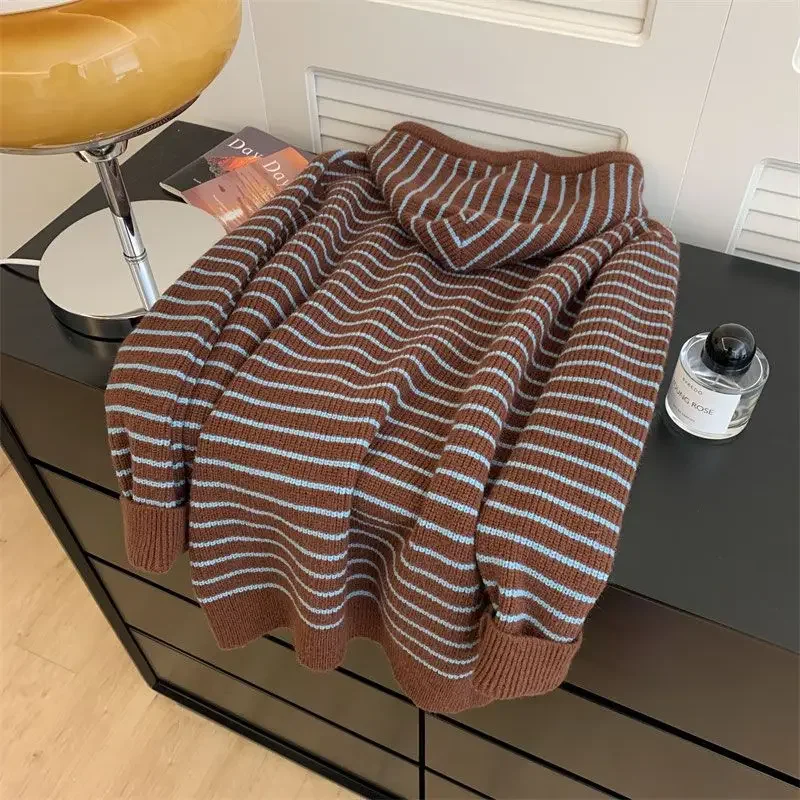 DAYIFUN Striped Hooded Knitted Sweater Women Contrasting Color Drawstring Design Ladies Pullover Autumn Lazy Style Outerwear Top