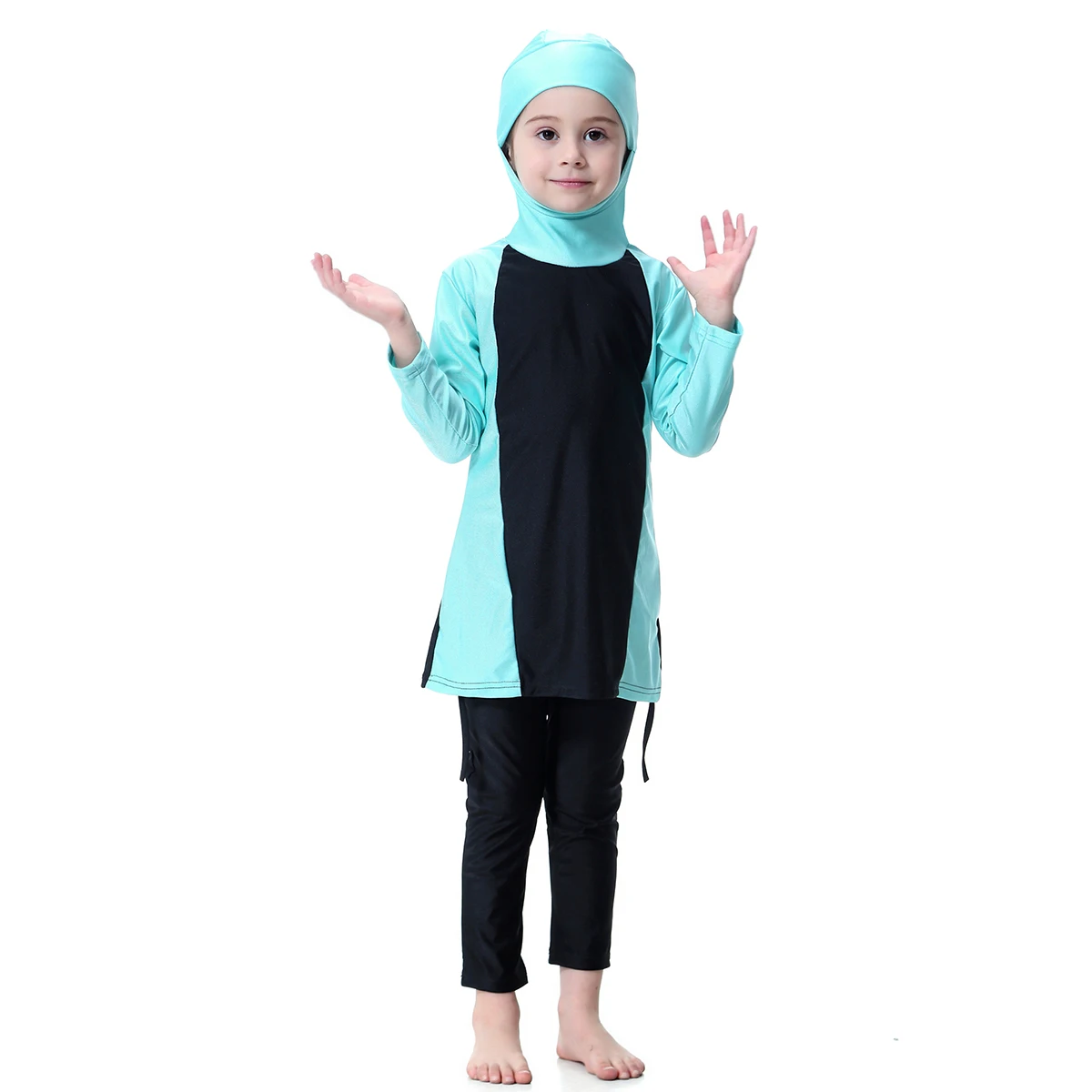Modest Islamic Muslim Swimwear Burkini for Girls Children Two-piece Swimsuit Hooded Robe Pants 2 Color Patchwork 80-160cm