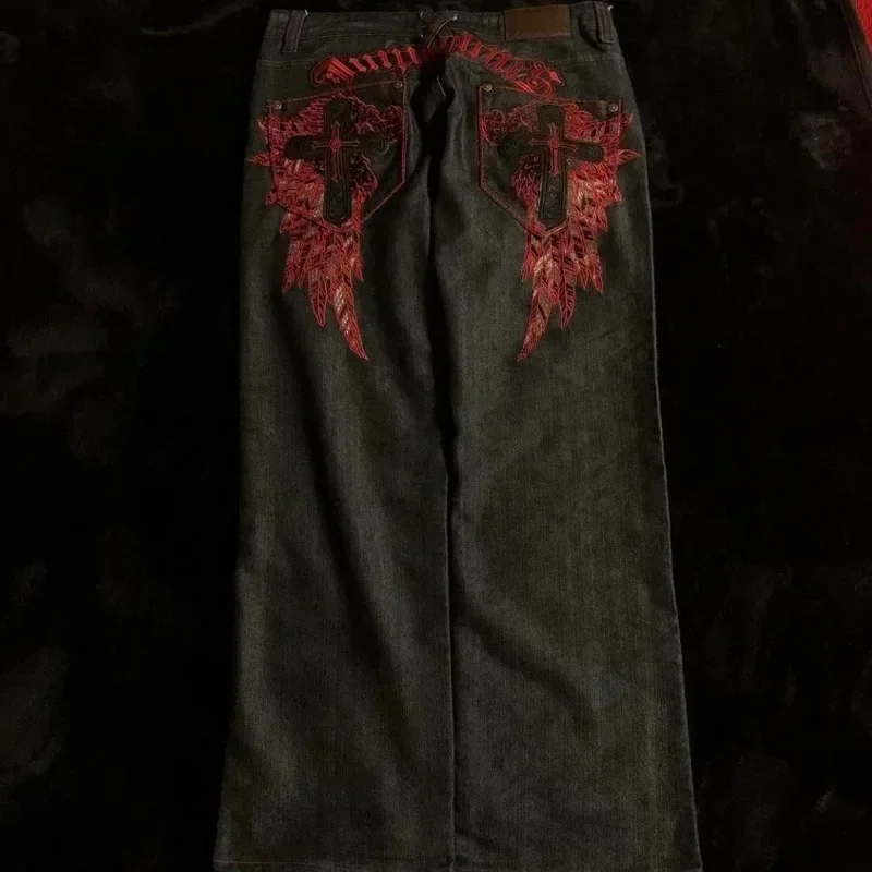 2024 Y2K Gothic Embroidered Men Black Red Pattern High Waist Jeans American Retro Street Couple Casual Pants High Street denim