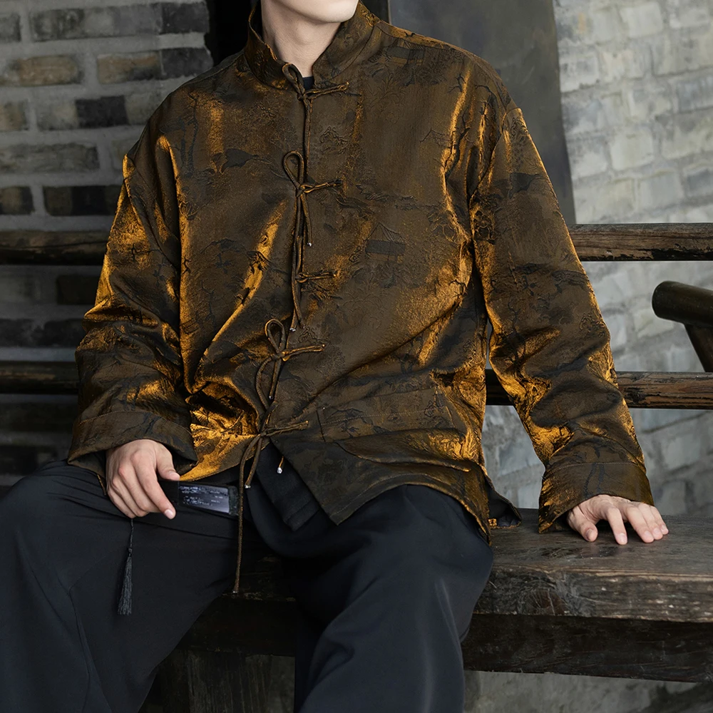 

New Chinese Sle Men's Liquid iliuguang Polarized Jaet Stage Singer Coat Button Tang Hanfu Loose Fit Silk Lustrous Polye...