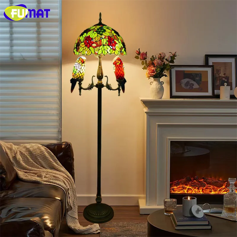 FUMAT Tiffany stained glass butterfly Parrot retro floor lamp for living room bedroom standing lamp study cafe LED decor