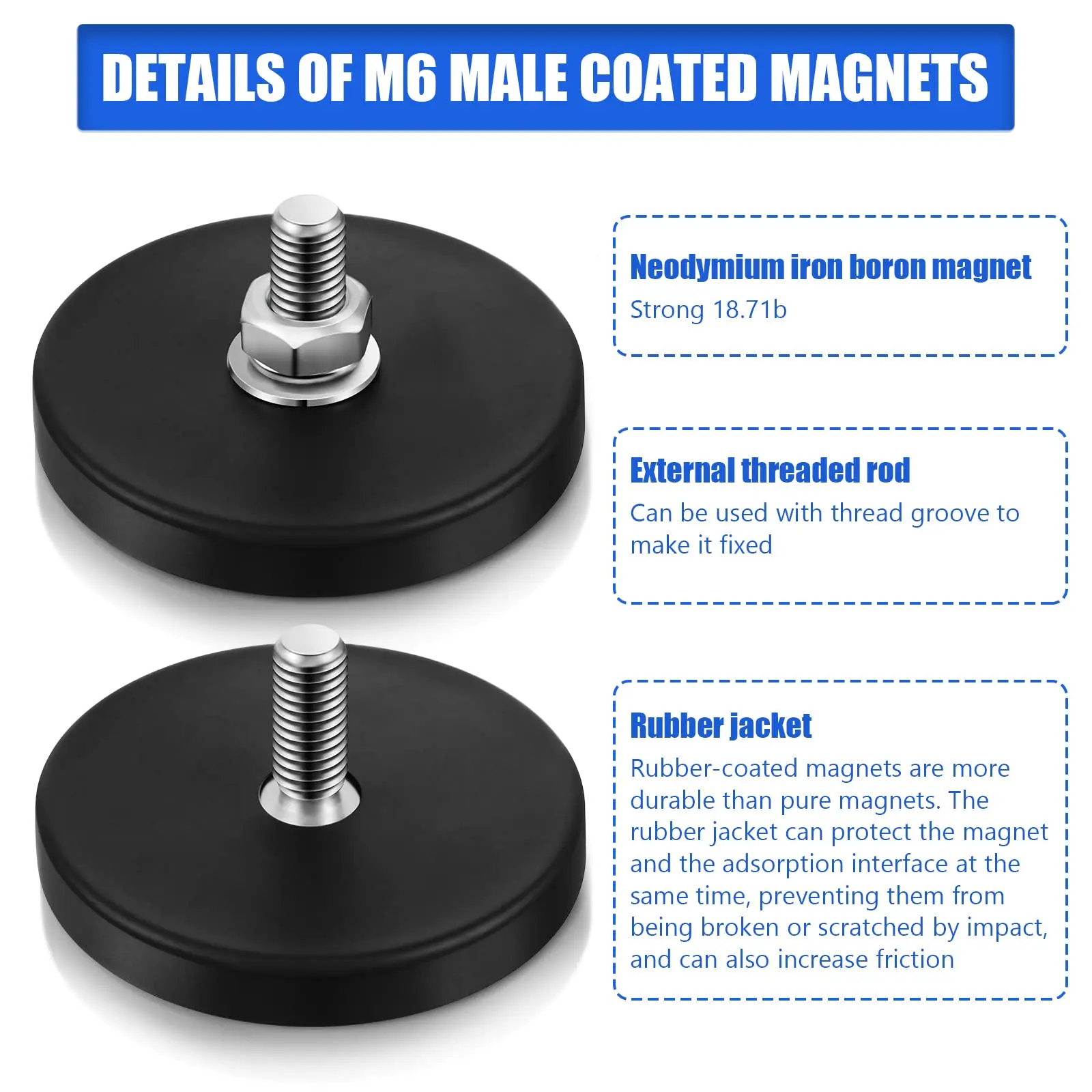 Rubber Coated M6 Male Magnet Neodymium Magnet Base Anti Scratch Magnet M6 Male Thread Rubber Coating Magnets with Bolts and Nuts