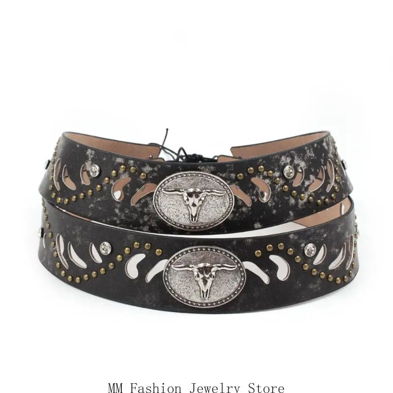 Decorative Western Hat Band with Distressed Cutout Pattern, Metal Accent Trim, Alloy Studs Accents, Bull-Skull Centerpiece, D0UB