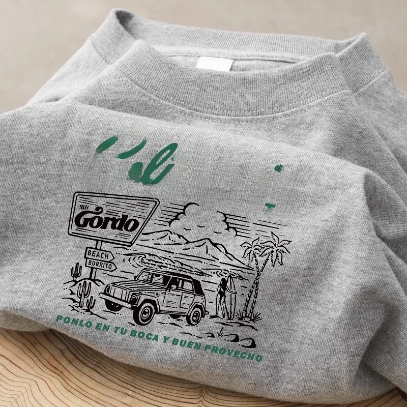 Amerykański styl retro, bawełniany okrągły dekolt, koszulka damska z zabawnym nadrukiem plażowym, uniwersalna, codzienna, letnia moda.