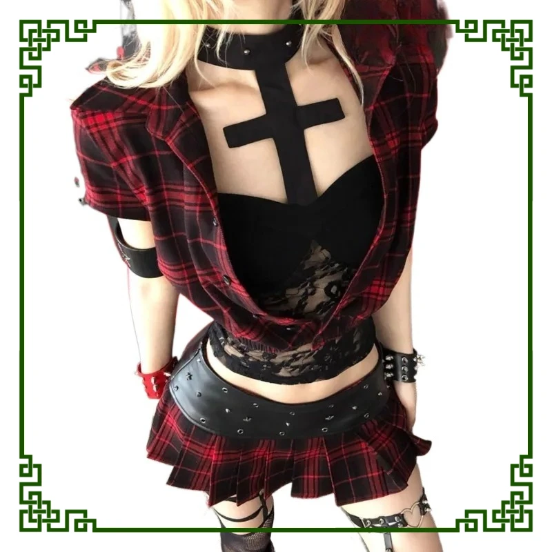 

Three-piece Set Spice Girl Lace Neck Short Sleeve Red Checked Top and High Waist Pleated Skirt Sweet Uniform Dancing Suit