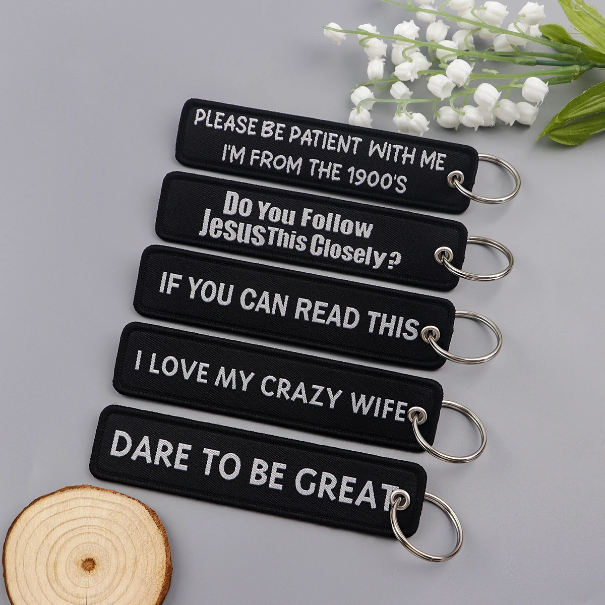 Embroidery Key Fobs Funny Quotes Key Tags Keychain For Motorcycles Cars Key Holder Accessories Jewelry Chaveiro