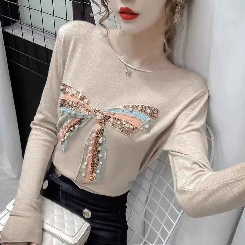 

Youth Sweetness Handwork Nail Bead Embroidered Bow Sequins Blended Women's Clothing Korean Long Sleeve O-Neck Spring Summer New