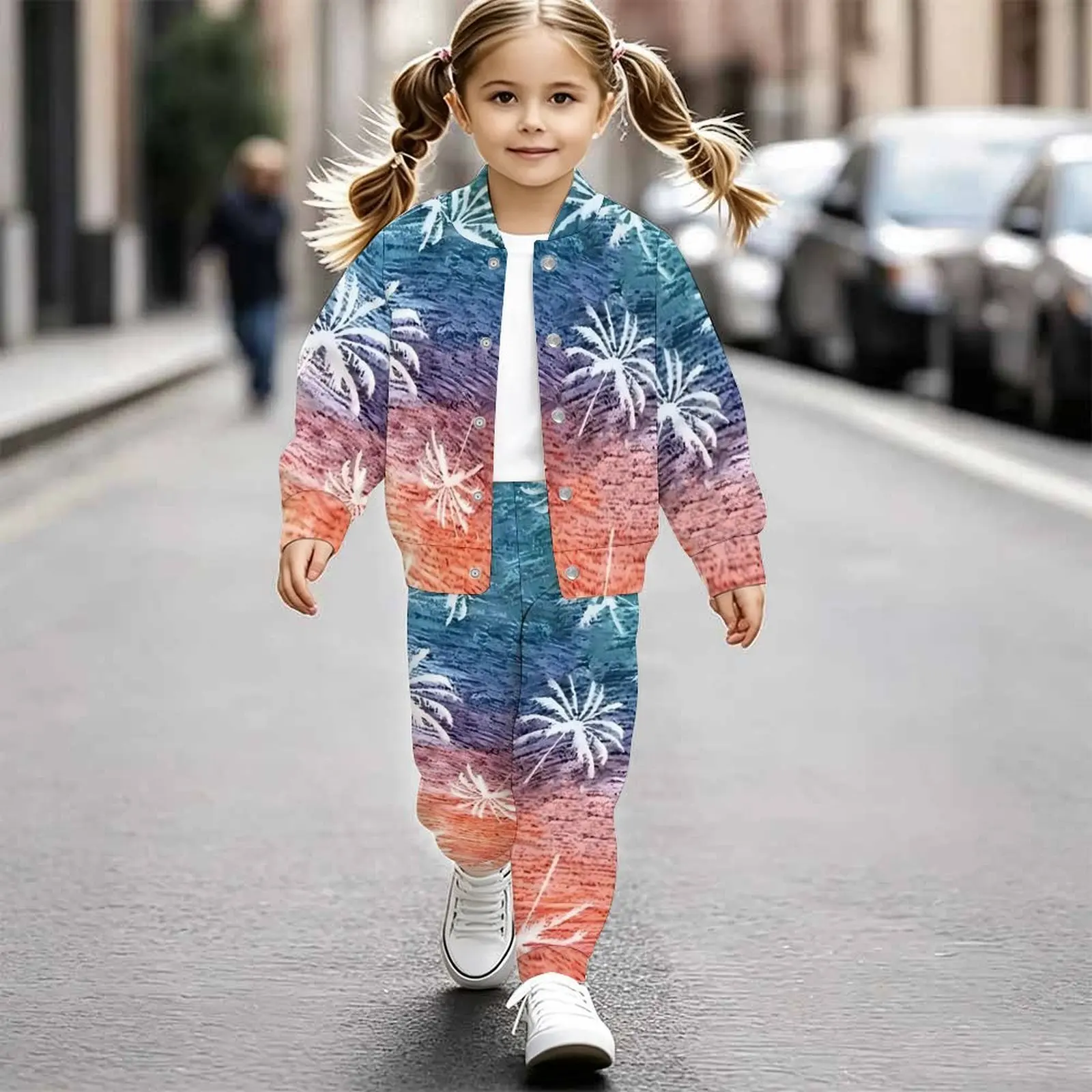 Trend Girls Print Two-Piece Outfit Long Sleeve Coat & Pants,  Kids Casual Clothing  for Beach Birthday Party