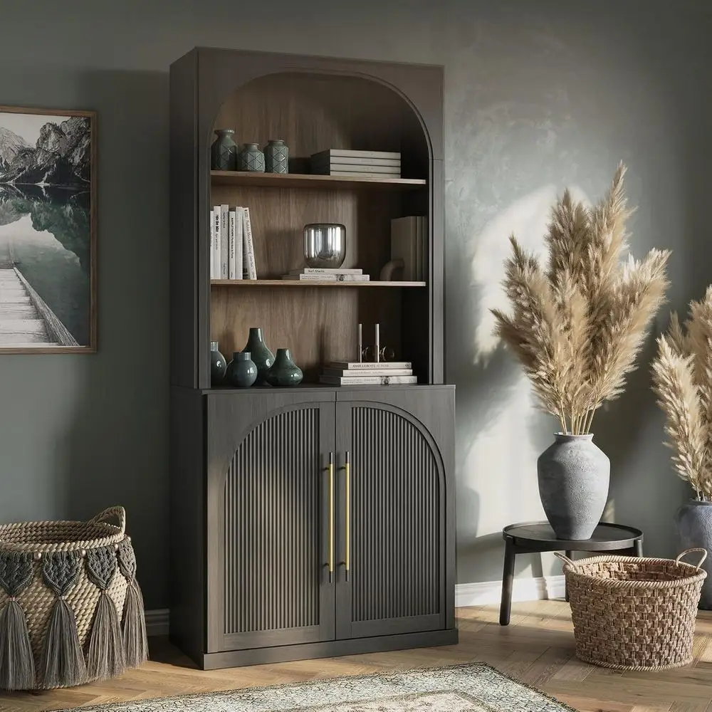 Elegant Tall Storage Cabinet with Hutch, Bookcase with Drawers, Decorative Freestanding Display Shelf, Wood Highboard for Living