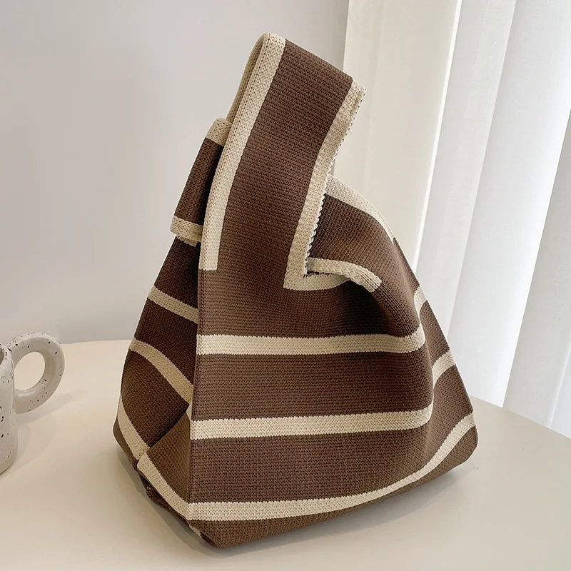 Handwoven Small Handbag Casual Wristlet Wide Stripe Shopping Mini Tote Bag image 5