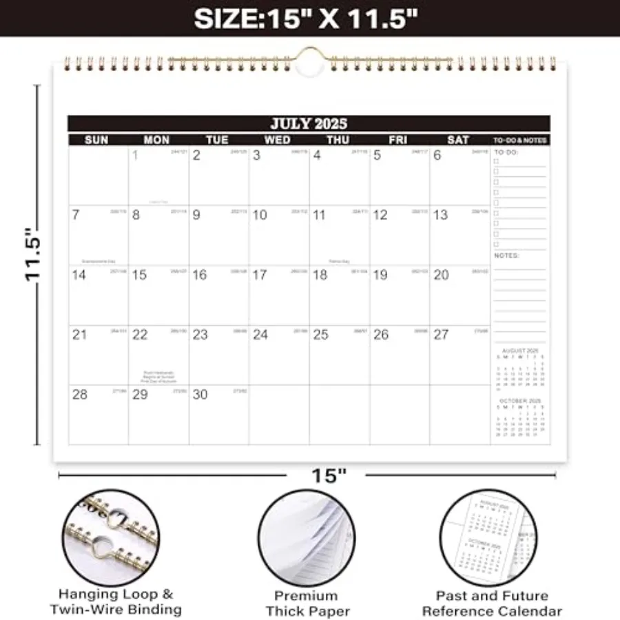 Wall Calendar 20252026 Jul 2025 to Dec 2026 Hanging Calendar 20252026 18 Monthly Calendar 15 x 11.5" to Do and Notes Large Dail
