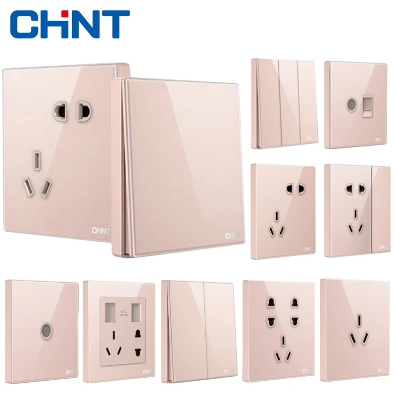 2HD Chenguang powder household wall type socket dark mounted perforated glass switch TV computer socket quadruple mounting rack