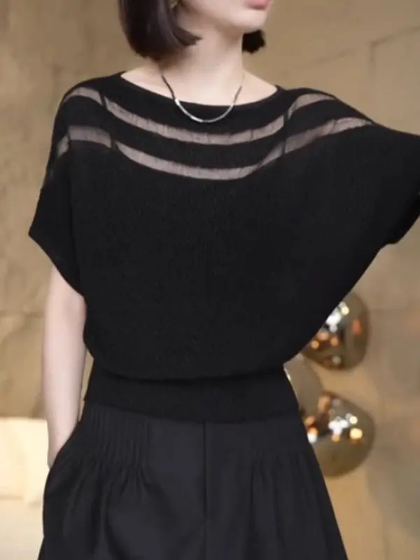 Summer 2026 Women's Loose Fit Short Sleeve T-Shirt round Neck Mesh Splice Thin Breathable Skin-Friendly Casual Top
