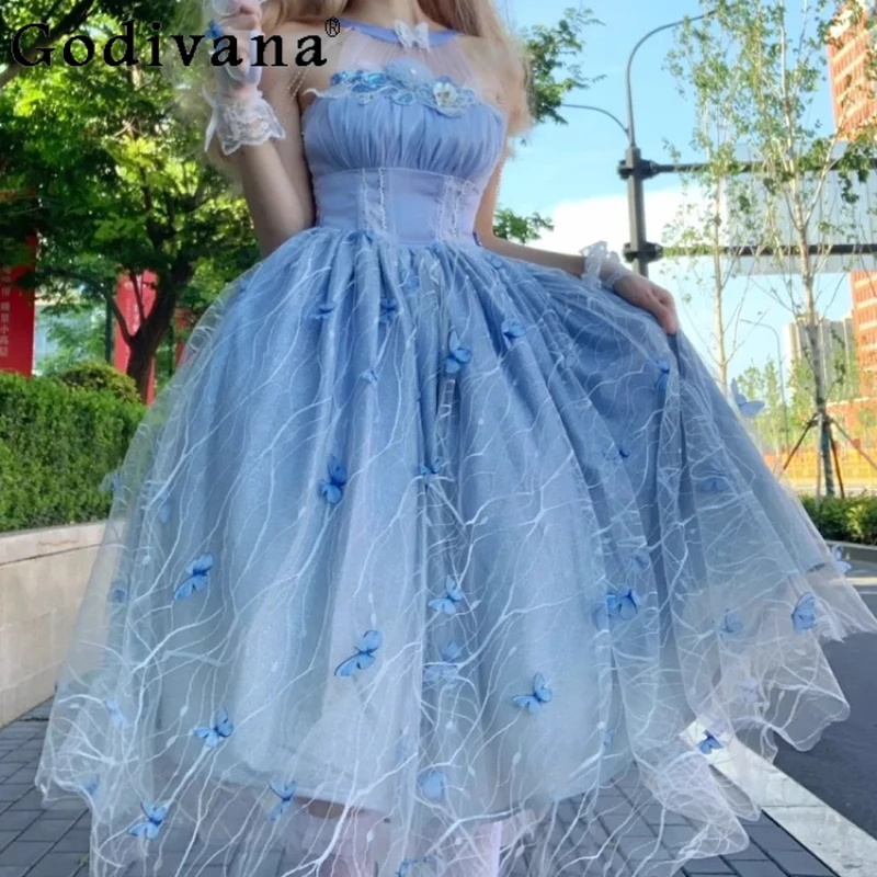 

Women's Blue Lolita Evening Dress Halter Neck Party Art Exam Bar Mitzvah Dress Girls Summer Student Day Host Princess Dress
