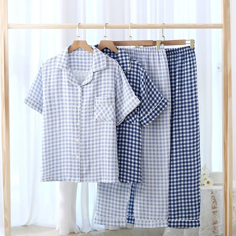 Cotton Plaid Men's Pajama Set Autumn Short-Sleeve