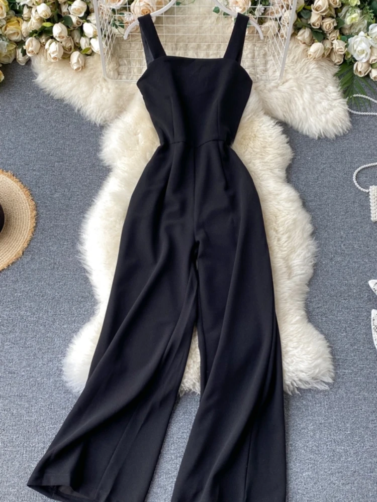 Women Black Rompers 2020 New Summer Sexy Backless High Waisted Straight Pants Jumpsuits Ladies Elegant Body Playsuits Overalls