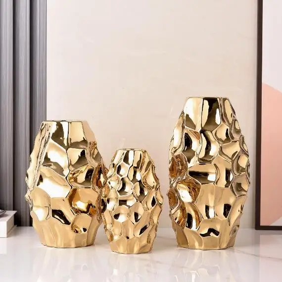 Nordic Golden Ceramic Vase Modern Home Decoration Ornaments Countertop Vase Creative Living Room Flower Arrangement Vase Ins