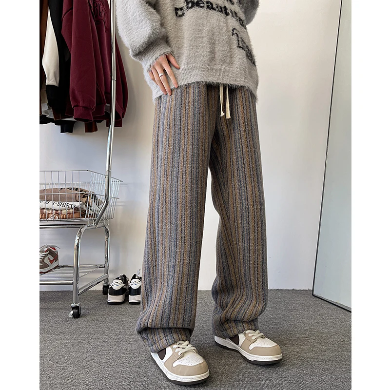 High Quality Stripe Plaid Men's Trousers Baggy Straight Fashion Classic Padded Autumn Winter Casual Pants Male Plus Size M-8XL