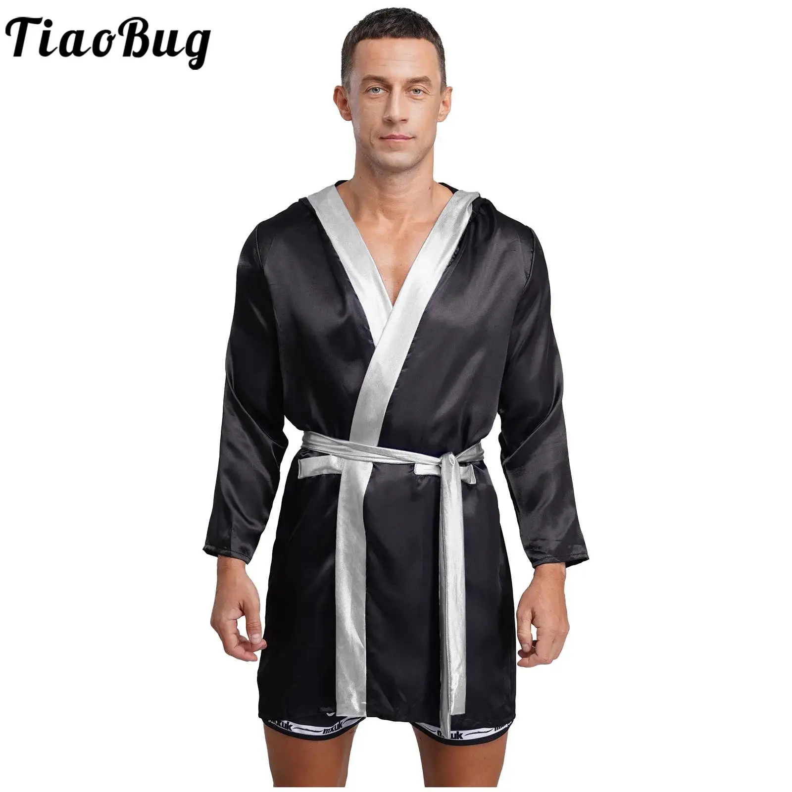 

Men Boxer Boxing Matches Competition Performance Robe Long Sleeve Open Front Metallic Trim Satin Hooded Boxing Cloak with Belt