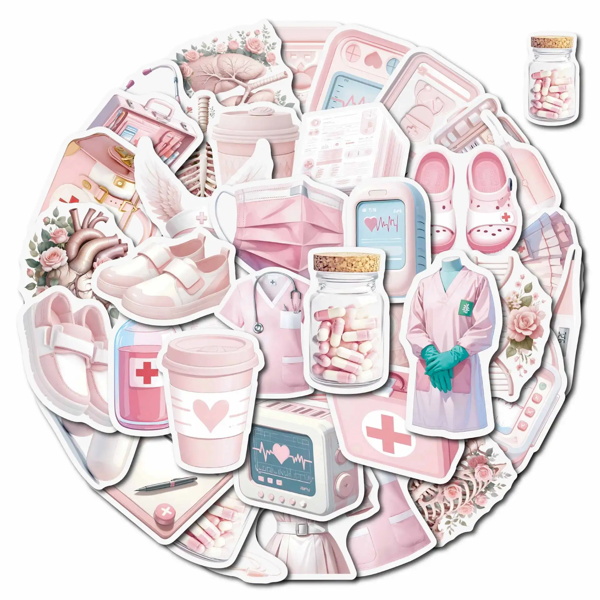 50Pcs Pink Doctor Nurse Stickers Cartoon Medical Theme Decals Waterproof DIY Stickers for Laptop Luggage Phone Stationery Kids