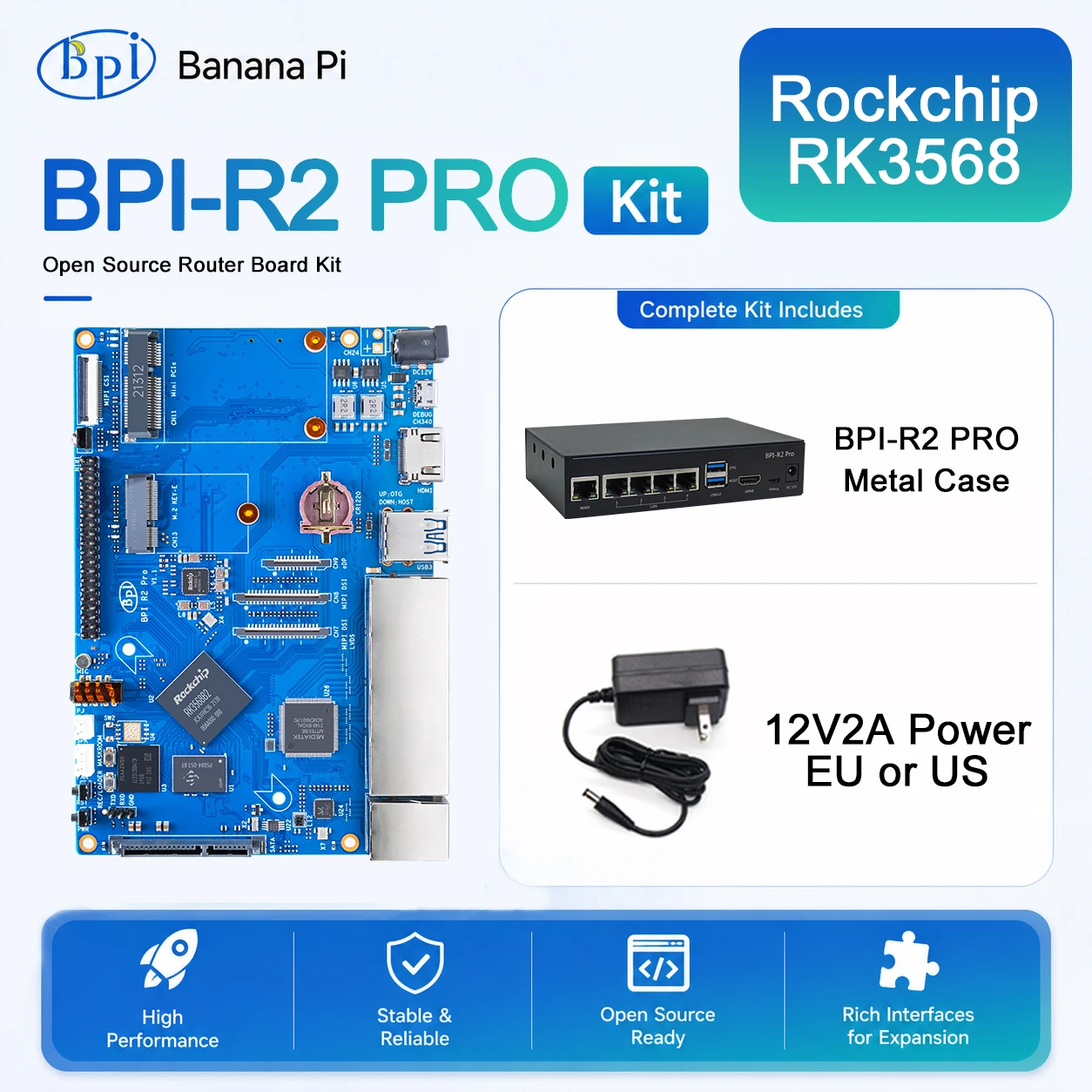 Banana PI BPI-R2 Pro And Metal Case Power Supply Quad-core ARM Cortex-A55 CPU 2G LPDDR4 SDRAM Opensource Router Demo Board