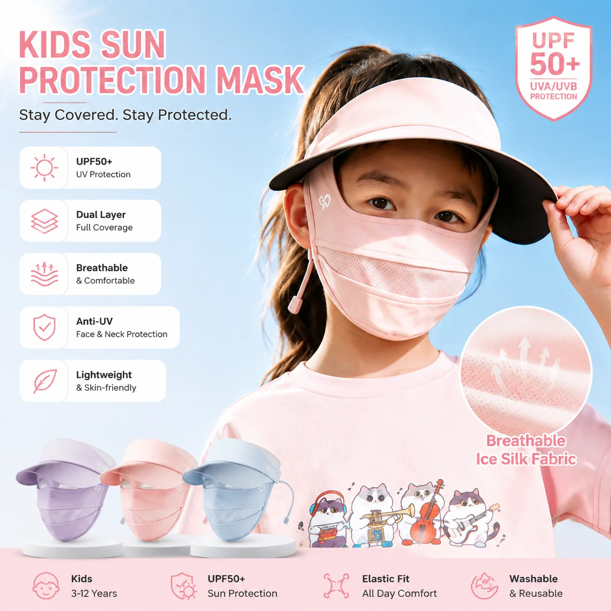 

Summer new children's sunscreen face mask with hat brim integrated face, Gini sunshade full face anti UV ice silk mask