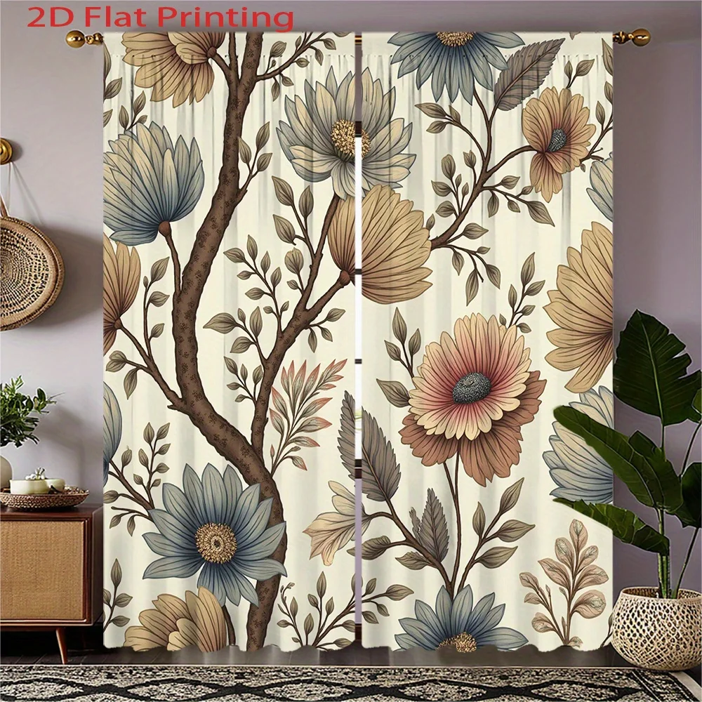 Vintage Floral Curtains 2pcs – Large Scale Blue Brown Flowers on Beige, Elegant Botanical Decor for Living Room and Bedroom