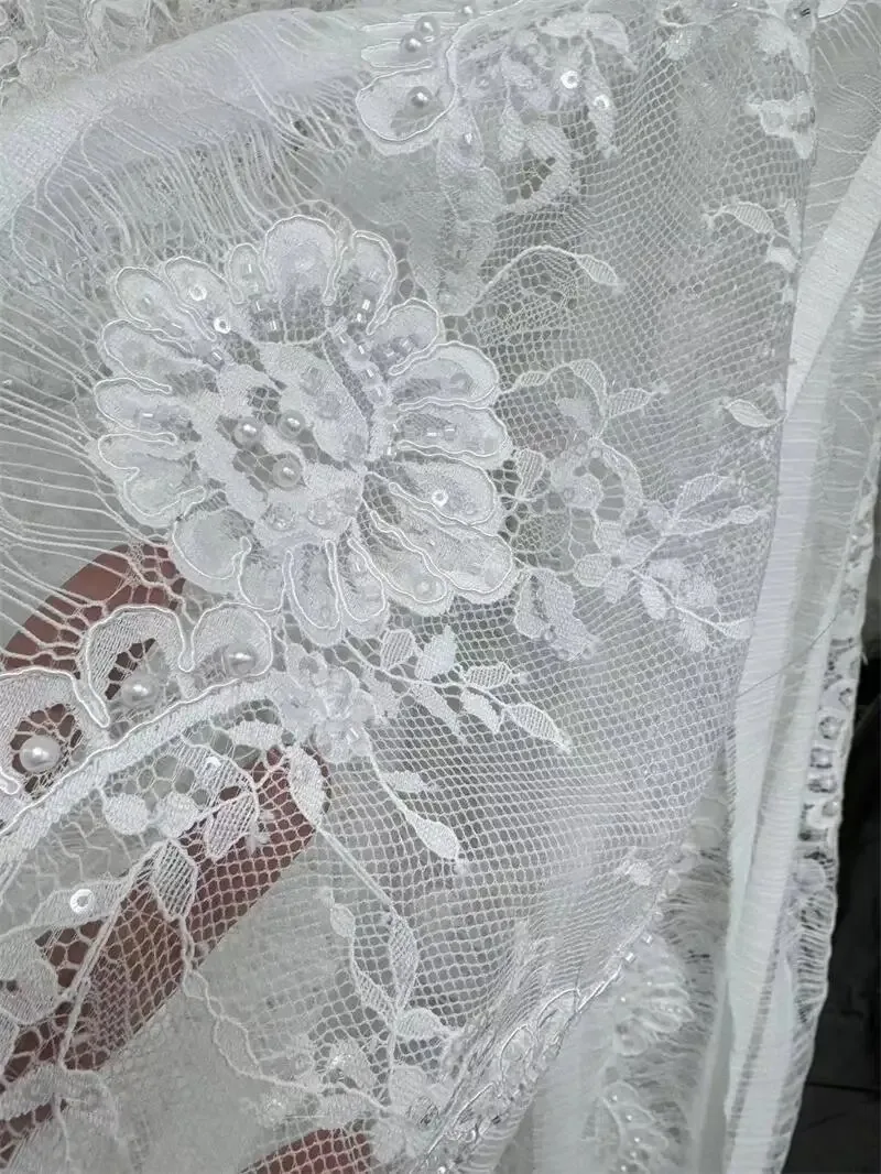 3Yards Rope Embroidered Pearl Quality White Sewn Bead Lace Ideal for Wedding Dress Head Veil Decorative Accessories Handmade DIY