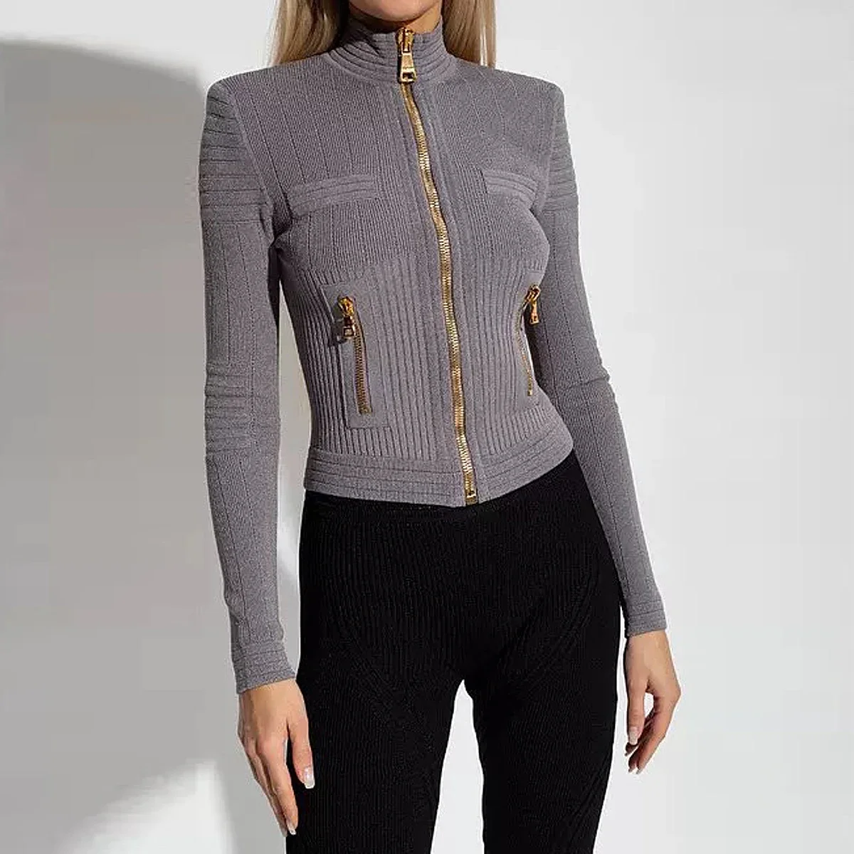 Womens Black White Contrast Knitted Cardigan Slim Zipper High Neck Long Sleeve Pocket Outwear