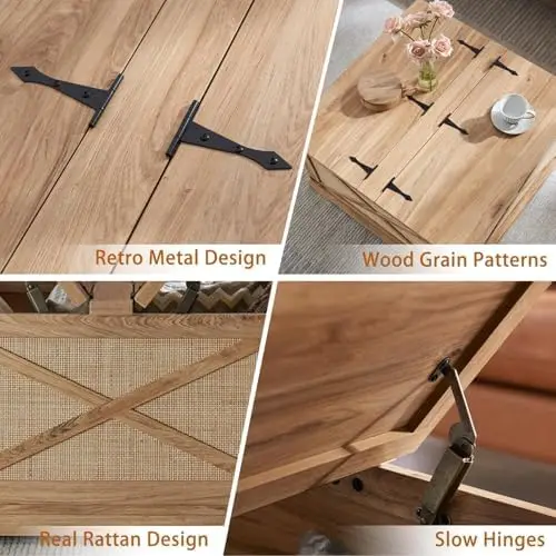 Farmhouse Coffee Table with Lift Top, Rustic Storage Table, Natural Rattan Design