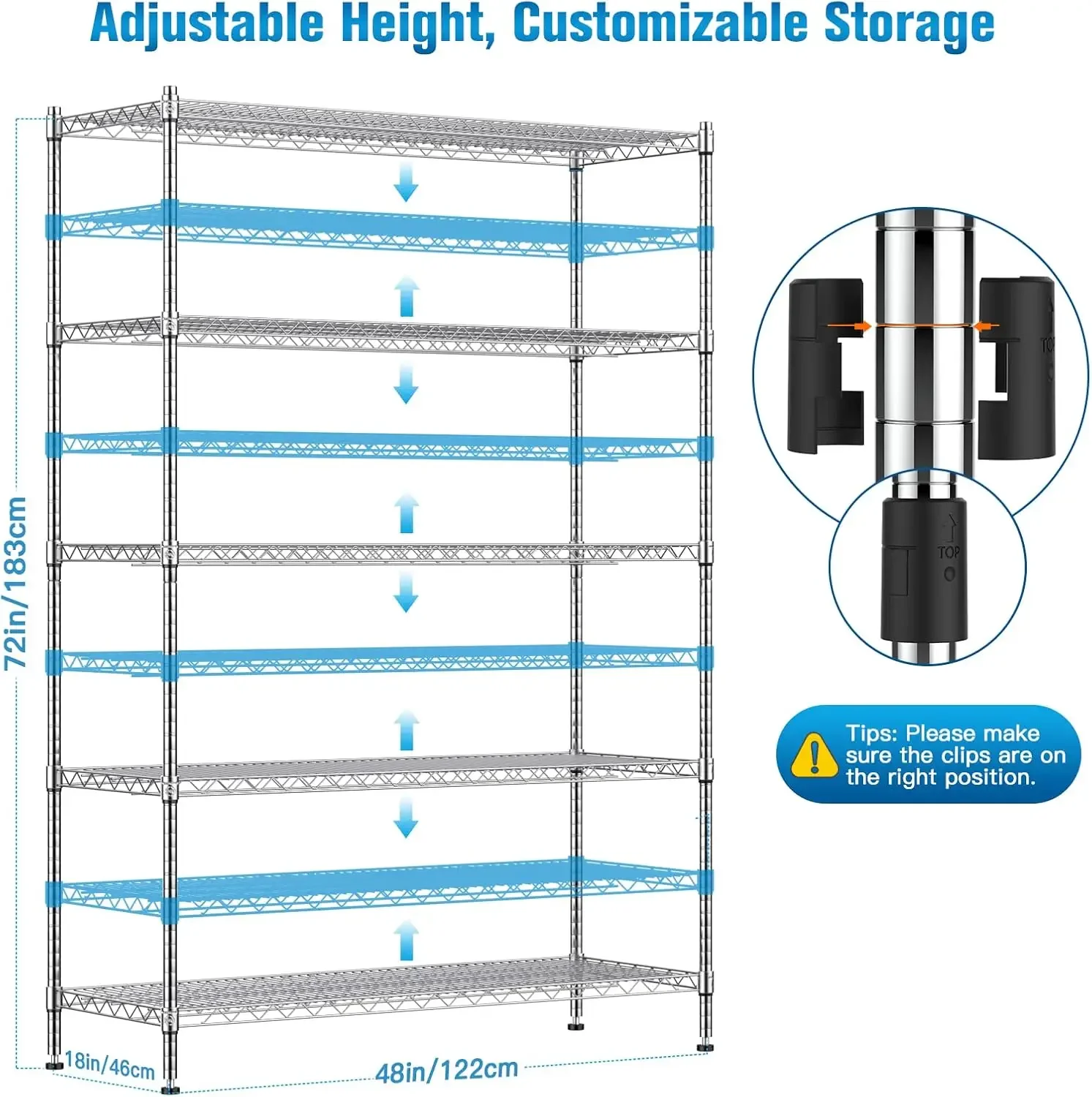 Étagère de rangement en métal avec roulettes, mise en œuvre par fil, 3000Lbs RapDuty NSF-ignorez, utilitaire réglable de qualité commerciale T1